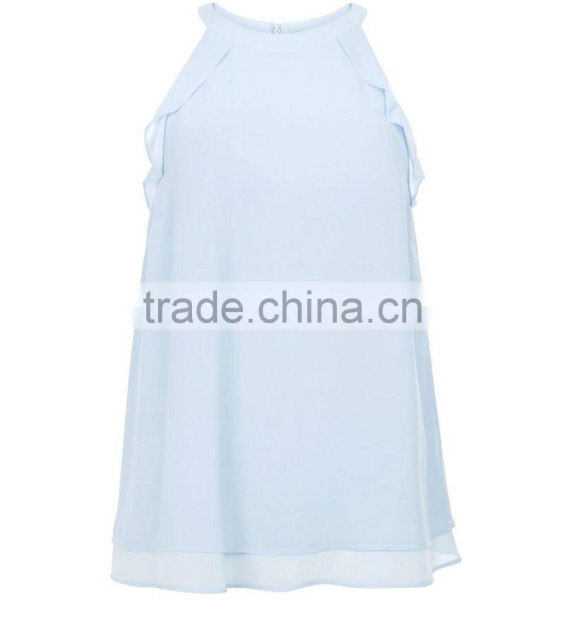 2016 Latest Pale Blue Frill Trim High Neck Halter Cami HST8041
