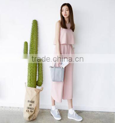 2016 New Fashion Girls Suits 2 Pieces Round Collar Sleeveless Tops+Slim Thin Korean Style Ultra-wide-leg Loose Trousers