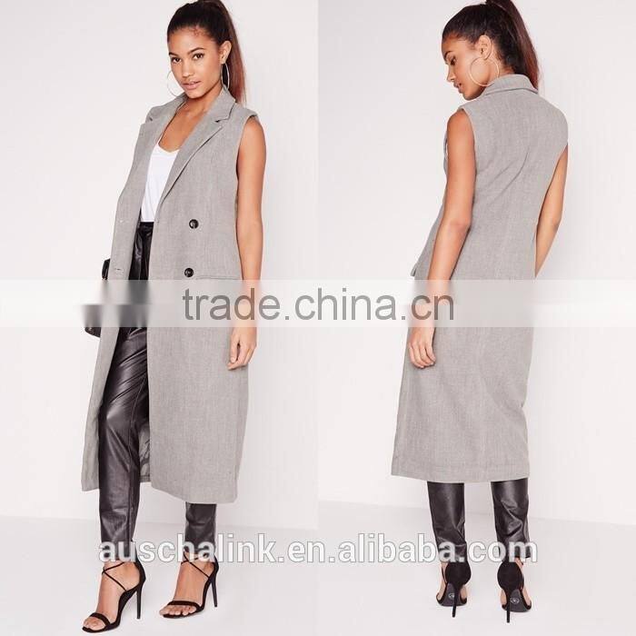 women fashion double breasted sleeveless wool maxi coat
