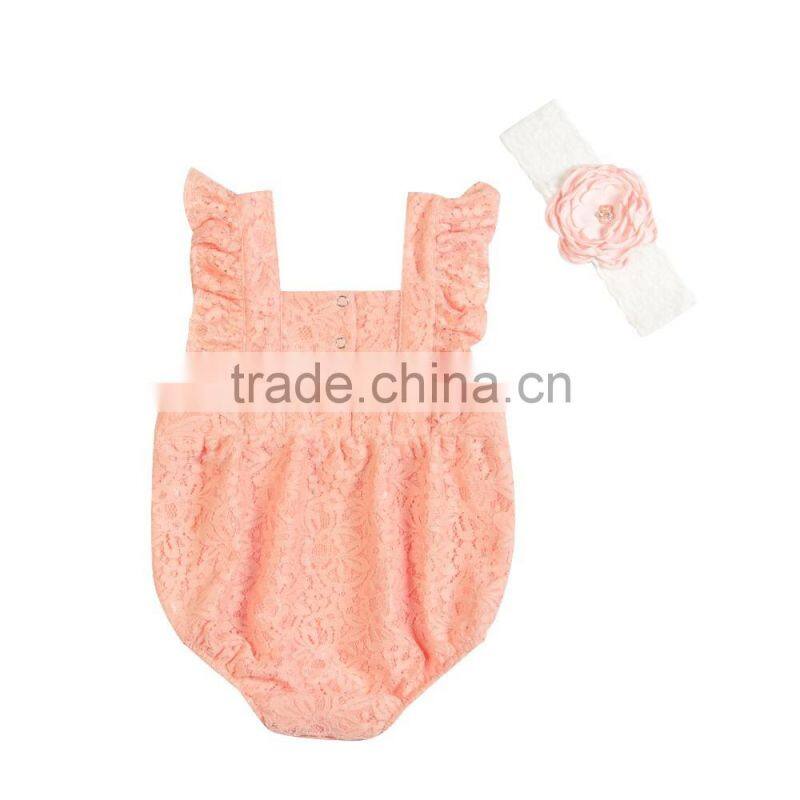 Wholesale Fashion Newborn Baby Girls Pink lace Romper Infant Bodysuits Adorable lace kids Rompers
