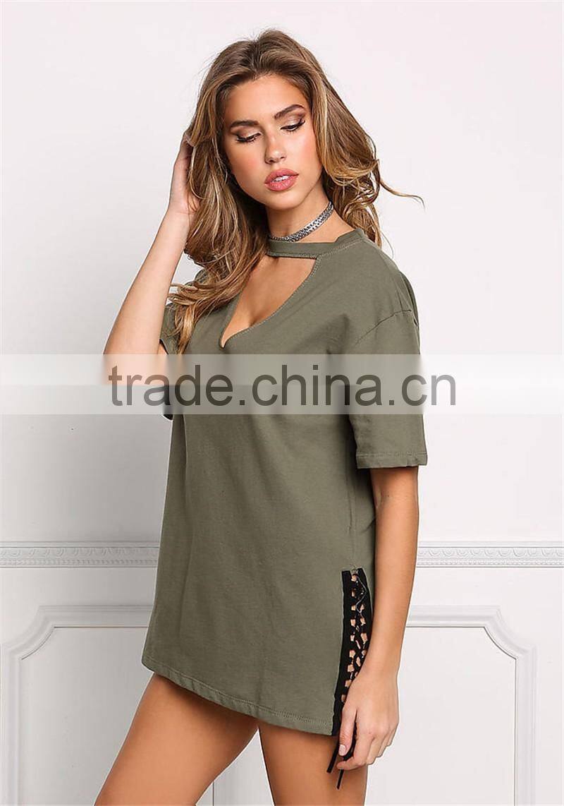 MGOO Customzied OEM Heavy Cotton 300g Tunic Tops Fashion Chocker Loose Oversized Shirts V Cut out