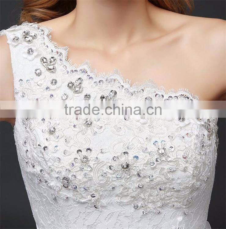 Floral Lace Trim Hem One Shoulder Crystals Pearl Ball Gown Appliques Lace Tulle Customize Wedding Dresses