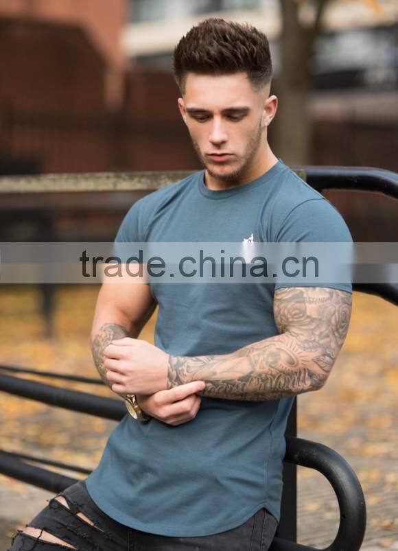 Dark Slate Longline Mens T Shirt Round Bottom Short Sleeve Muscle Tee Gym Fitted Curved Hem Tee OEM Elongated T Shirt Streetwear