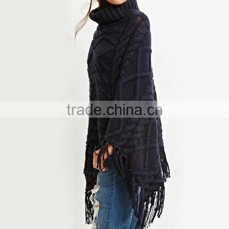 new design tasseled turtle neck cable- knit pullover poncho sweater