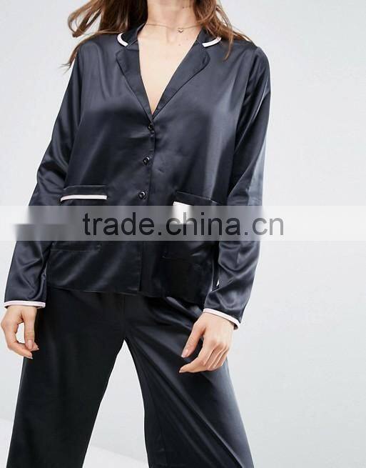 Customize ladies luxury Satin Long Leg Pyjama Set, sleepwear pajamas for women