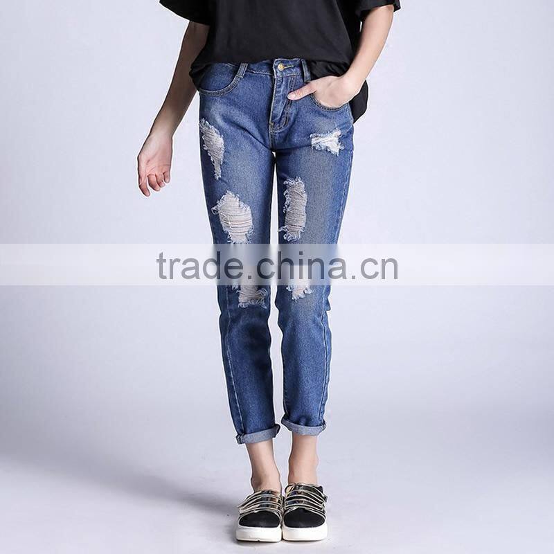 2017 Newest ladies plus size frayed Solid jeans pants