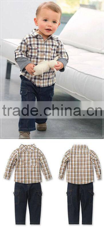 2016 Wholesale Boy Clothing Sets Grid Causal T Shirt And Jean Pants Baby Suits For Children Wear