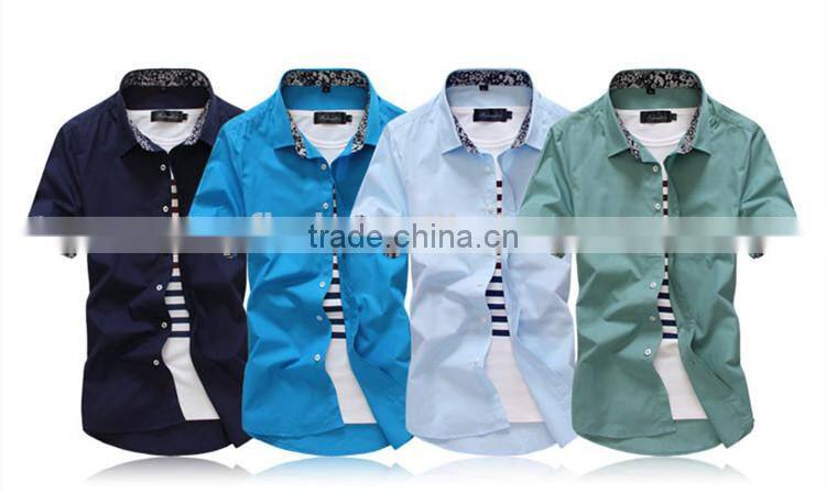 Slim light lake blue color short sleeve cotton men shirts