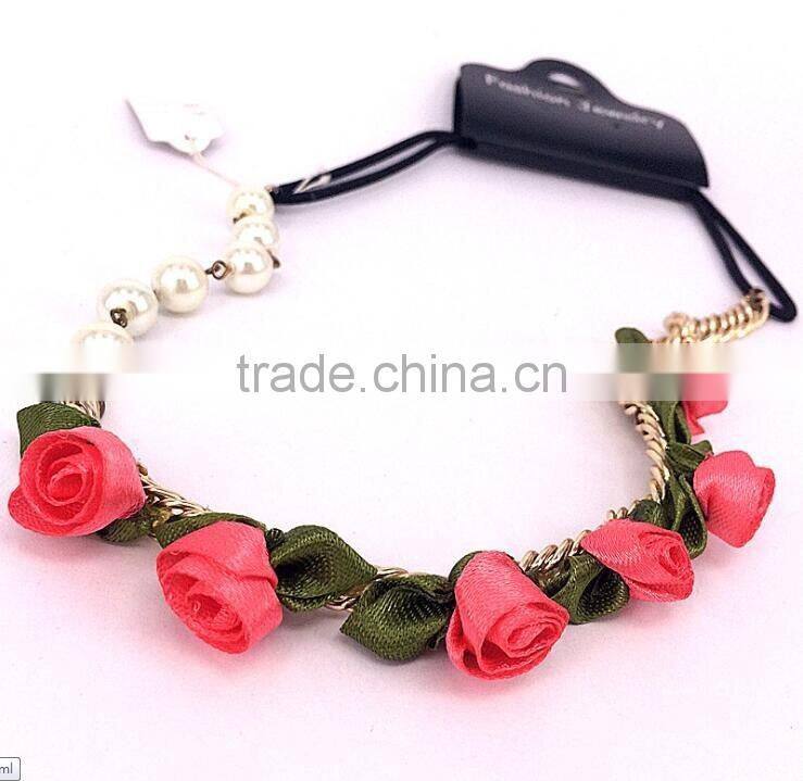Fashion Hot Red Fabric Chiffon Rose Flowers Elastic Chain Headband Pearls Hairband Hair Necklace Head Ornament Accessories