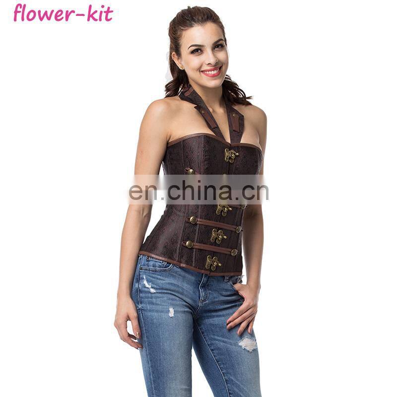 Black Gothic Steampunk Corsets Heavy Steel Bone Armor Burlesque One Shoulder Trainer Bustiers Corset