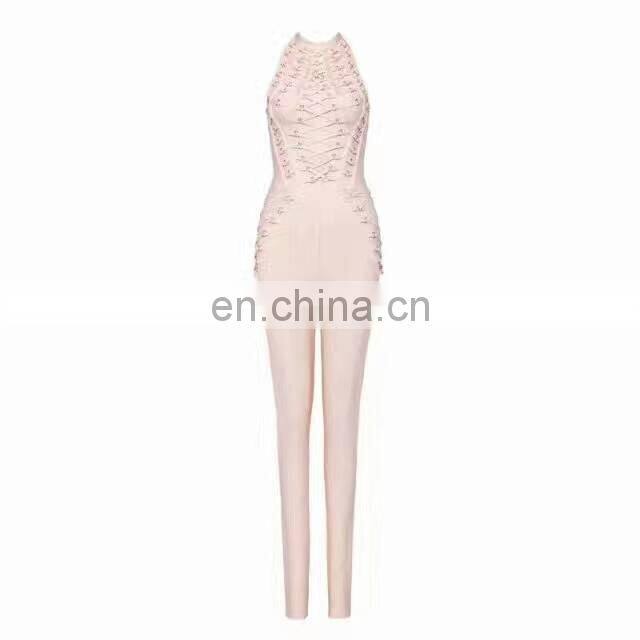 Amigo 2017 new design sexy women evening wear nude sleeveless halter beaded XXX long bodycon bandage jumpsuit for girls party