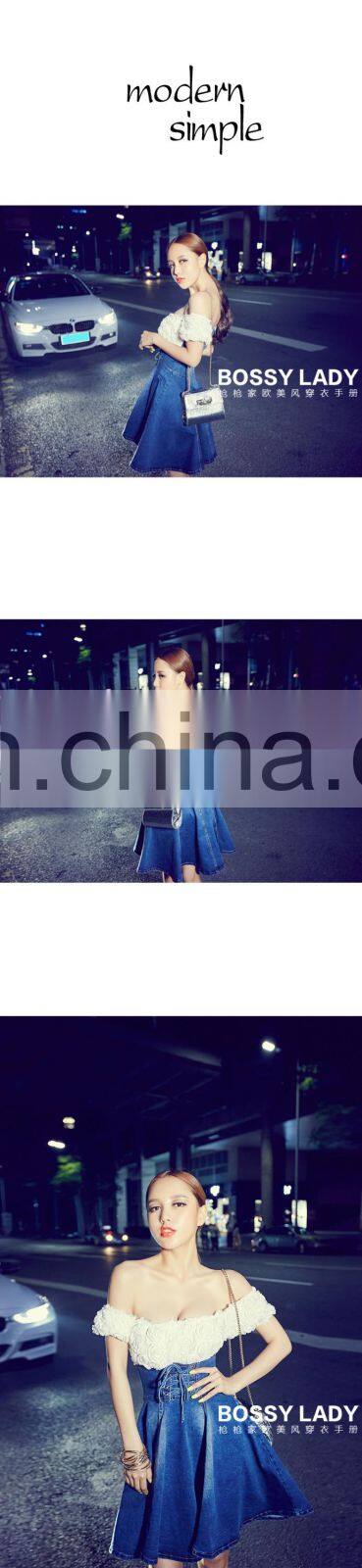 2015 hot sexy lace fashion design dress denim skirt two pieces set dress off shoulder wholesale order