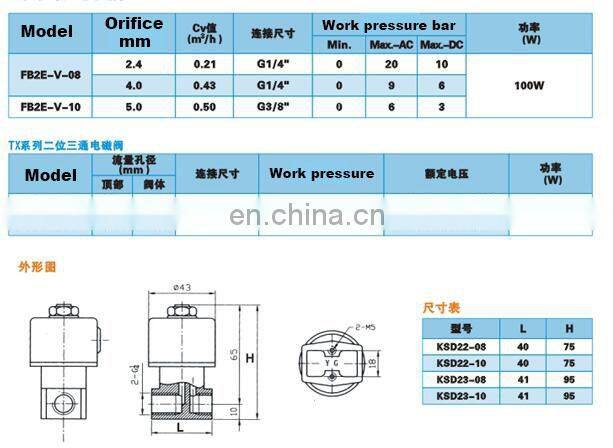 2 way copper coil water solenoid valve FB2E-V-08/10 3 way 2 position brass valve DC231Y-08/10 Wire lead type KSD 1/4 3/8 inch