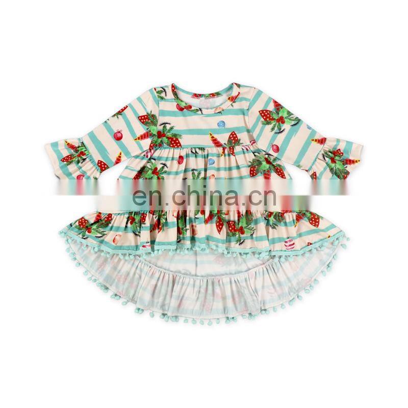 Hot selling baby girl fashion top dress printed floral Christmas style high-low top pompom dress baby clothes