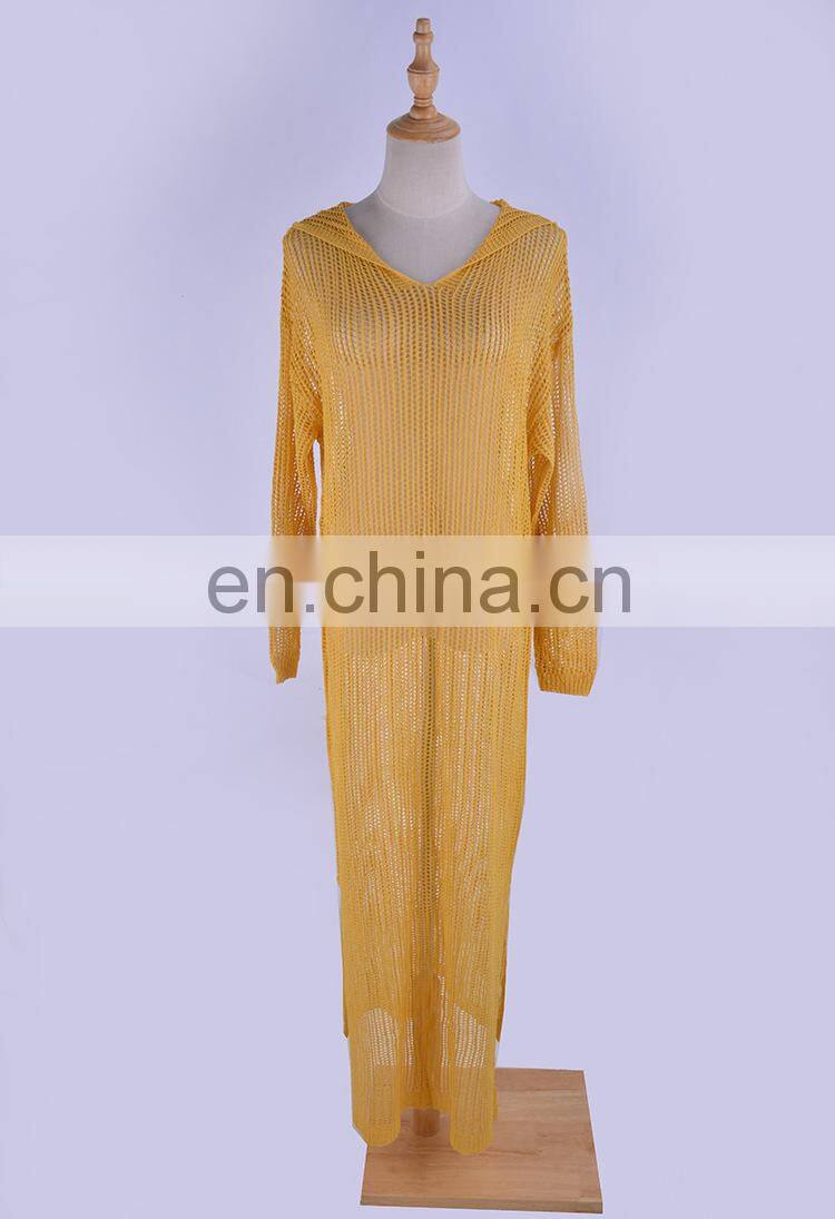 Long Beach Cover Up Dress For Women Summer Hooded Long Sleeve Mesh Crochet Coverups pareo Beach Dress Tunic Beachwear