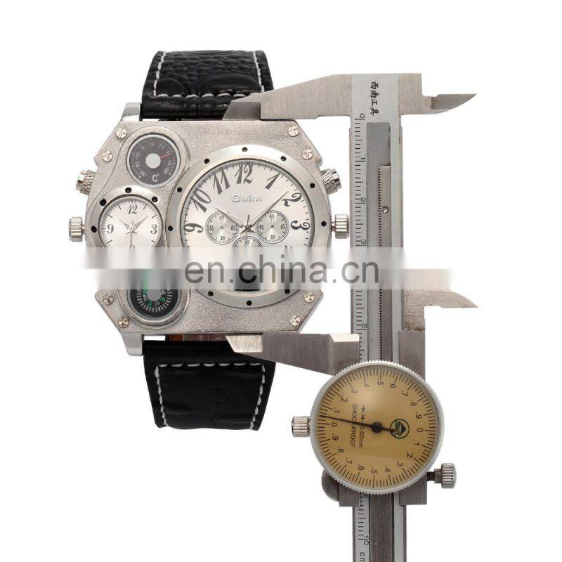 OULM 1349 Men Compass Watch Leather Strap Dual Time Big Face Quartz Watch Relogio Masculino