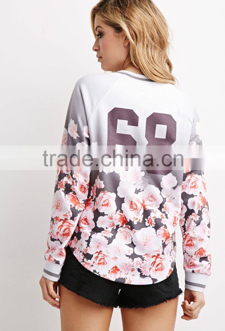 Women Ombre Floral Print Athletic Pullover with Curved Hemline