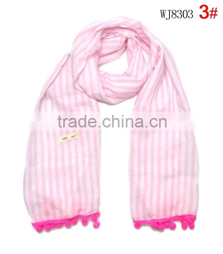 New Arrival Striped Lace Pom Pom Brim Boys Girls Baby Kids Winter Scarf