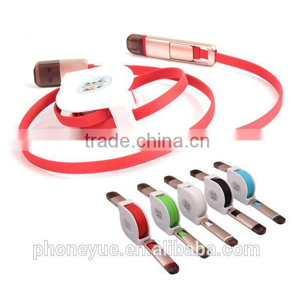 2 in 1 long custom retractable micro usb cable reel for iphone and for android