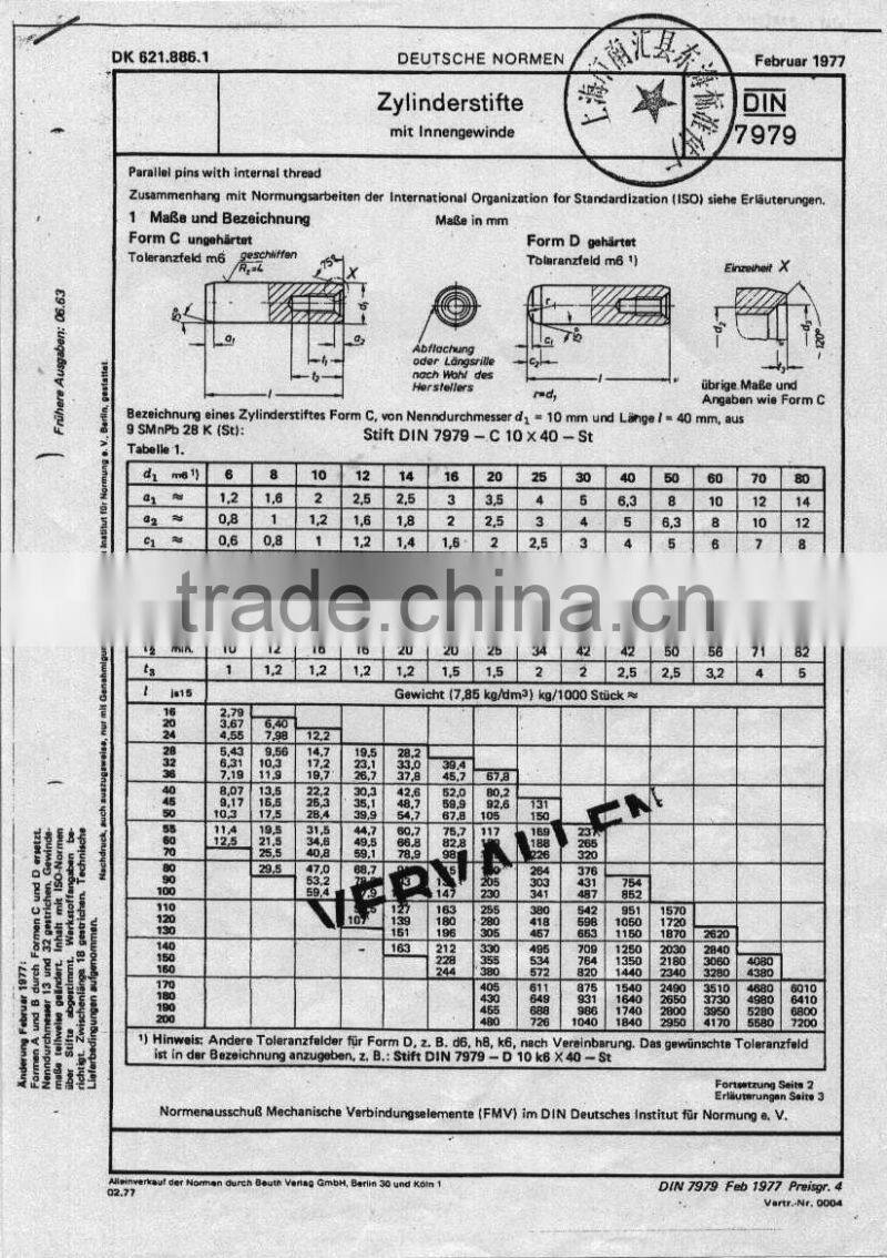 stainless steel parallel pin with internal thread DIN 7979 D
