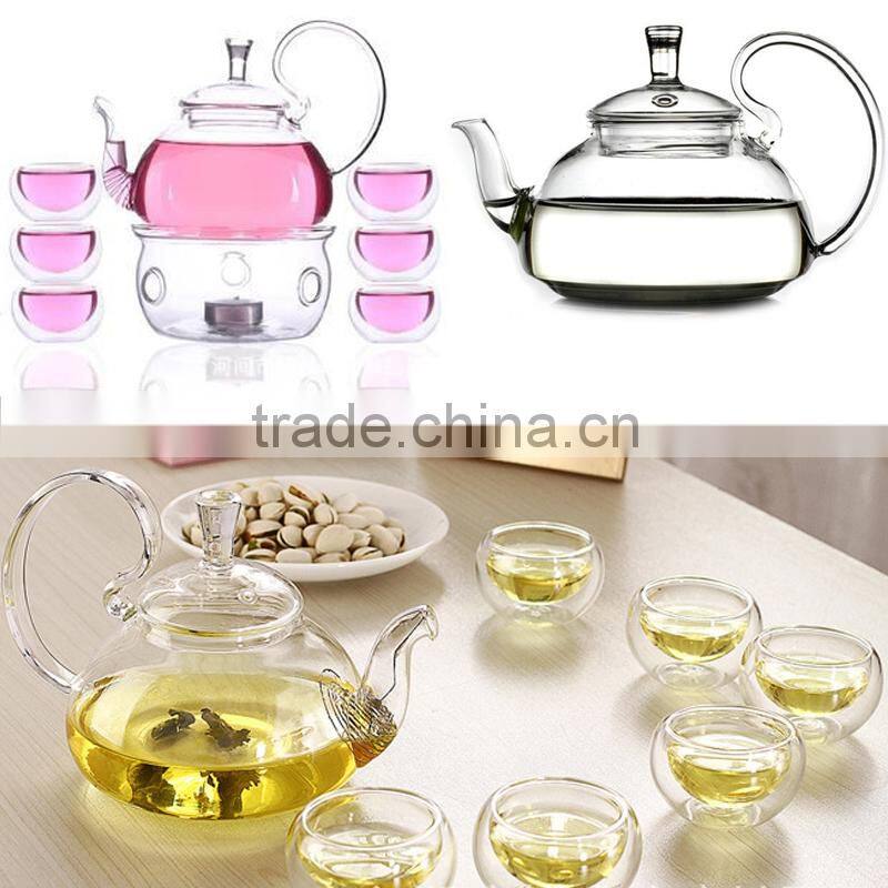 Top quality wholesale environmental protection pyrex glass teaset with 600ml teapot 6pcs 50ml tea cups 1pc candle tea warmer