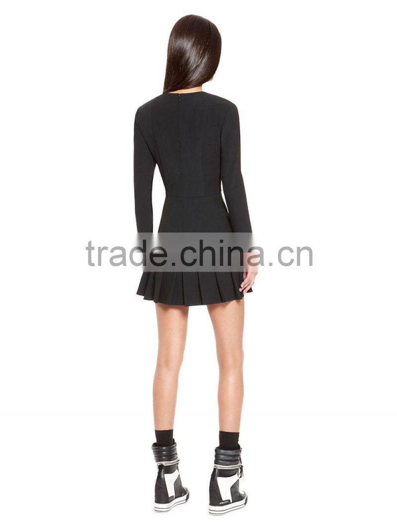 2016 long sleeve skater dress long sleeve crewneck dress with pleated skirt