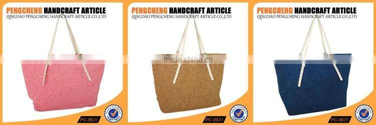 Pink color paper straw tote bag with women shopping shoulder crochet bag