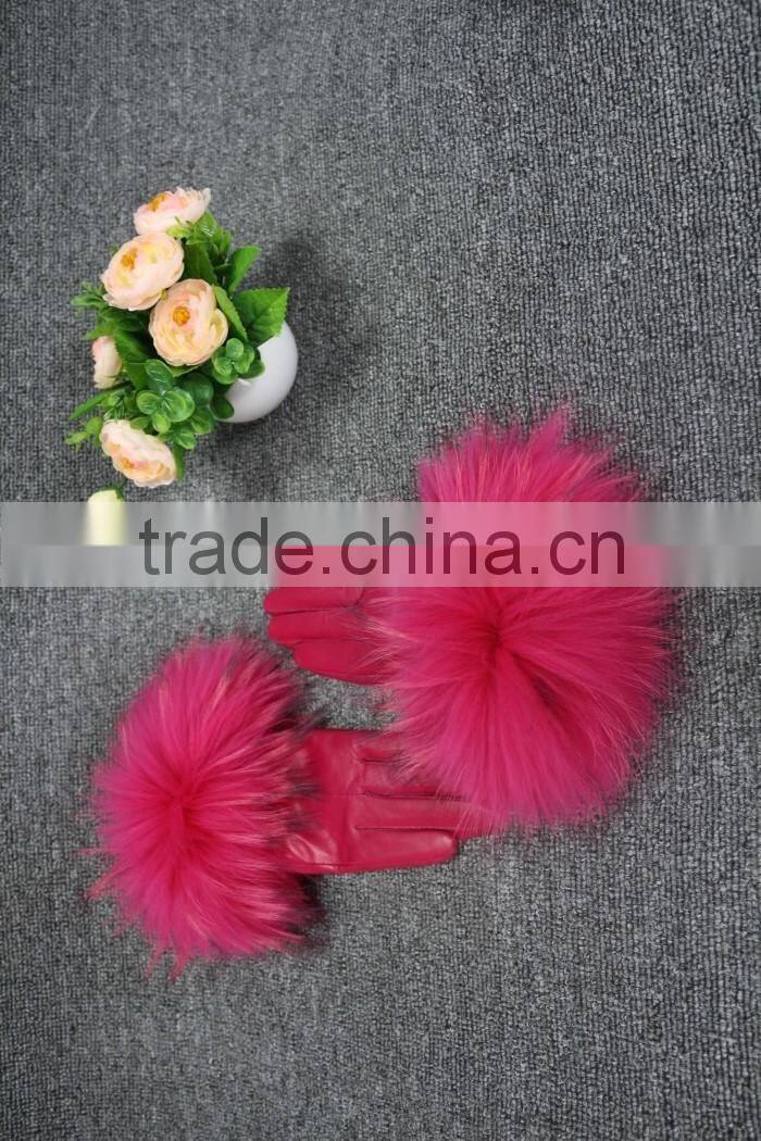 Fashion lady leather glove fur cuff glove fox leather glove hot sale