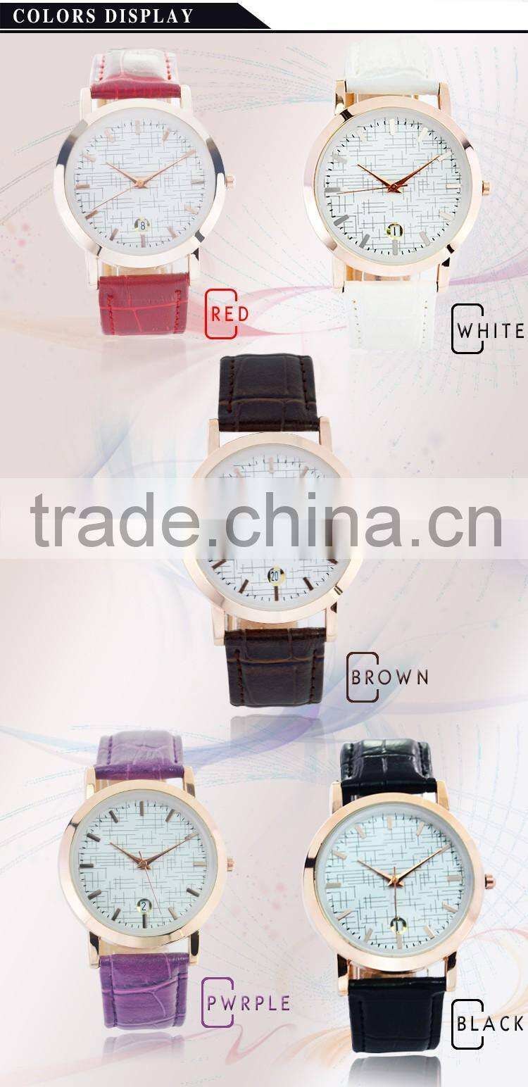 China manufacture purple leather waterproof alloy watch case time date and analog display quartz wristwatches Y013
