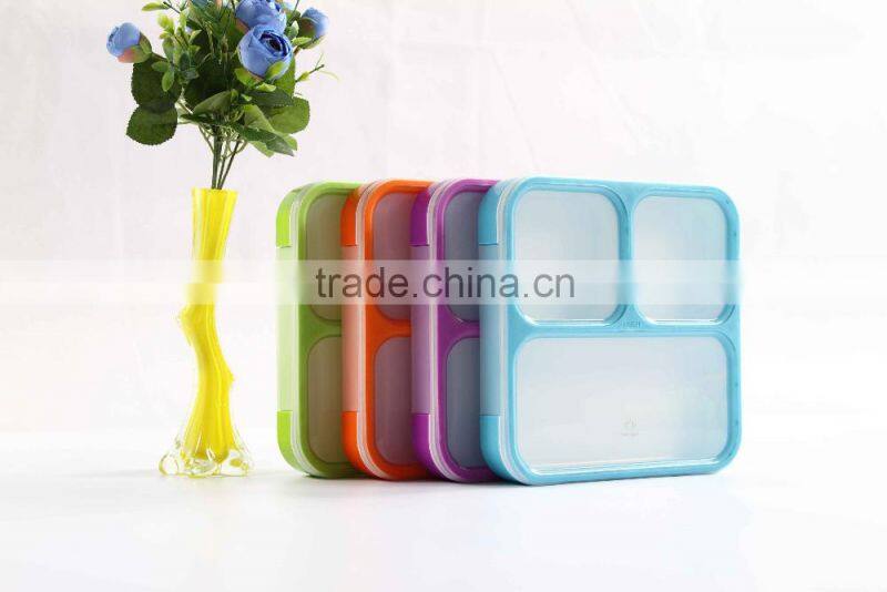 Square 3 compartment plastic lunch box keep food hot for school
