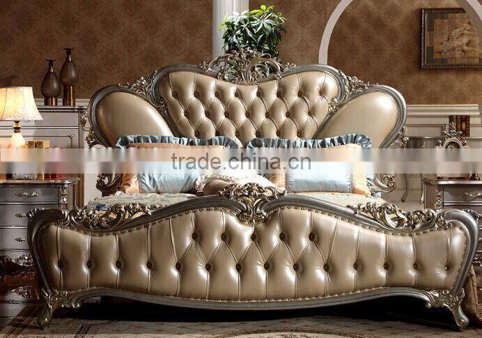 European Style Solid Wood with Genuine Leather Bed, Royal Bedroom Carved Furnitur Bed, Royal Bedroom Furniture (BF01-ML013)