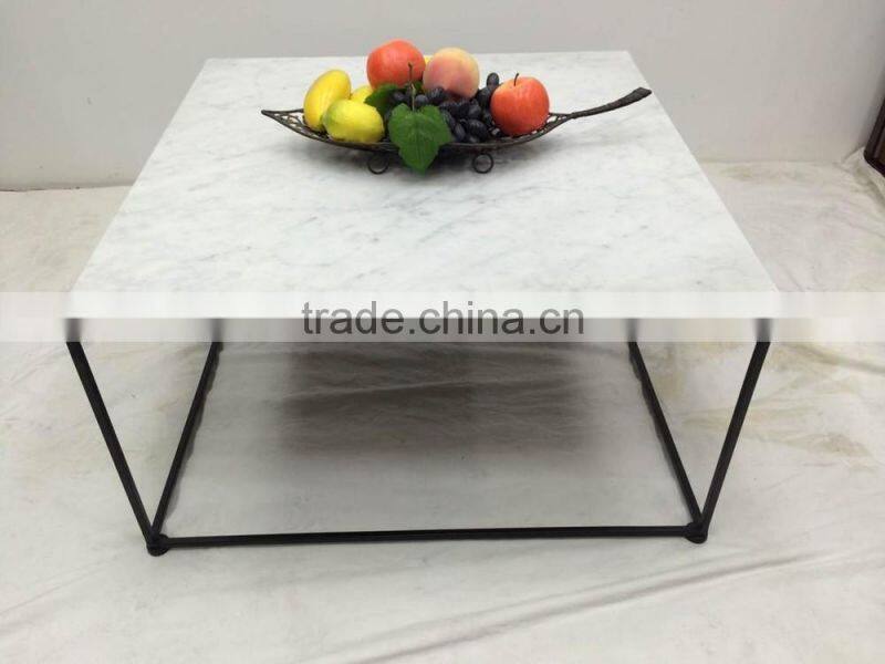 Cheap modern carrara white marble top black steel coffee table