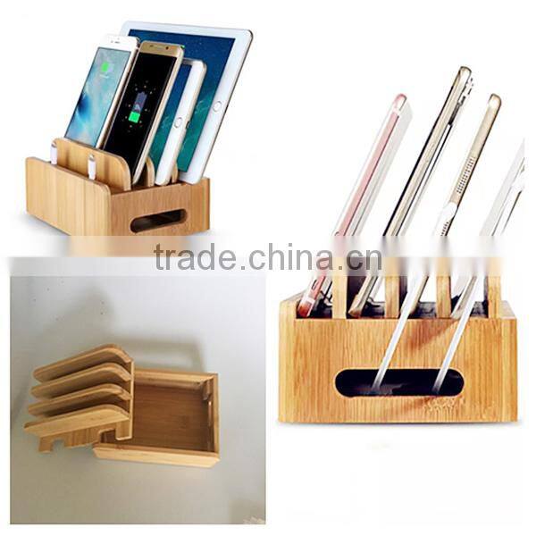 New multi-device bamboo charge station,storage box for mobile phone