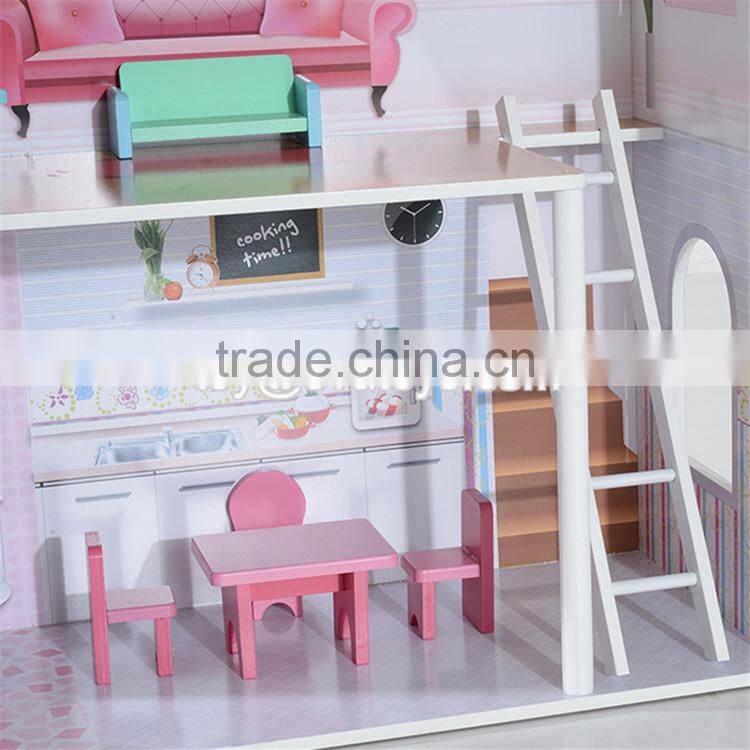 New design 13 pieces of furniture 3 floor pretend play pink wooden cottage dollhouse for children W06A230