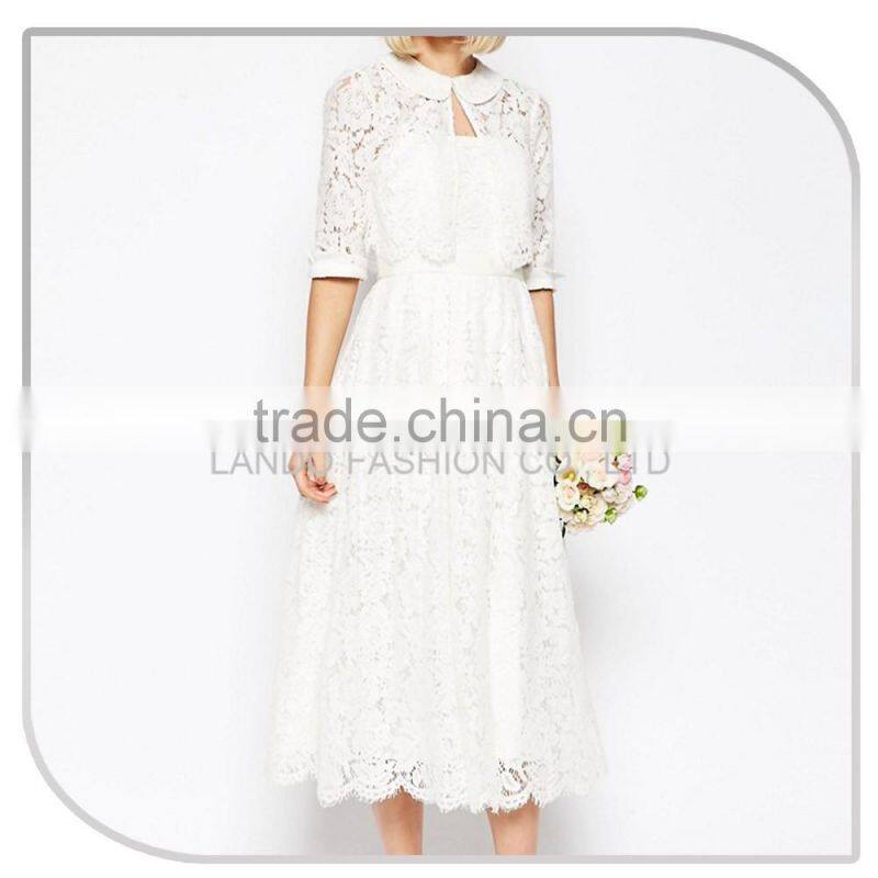 White adjustable collar ball gown wedding dress 2016 Elegant crochet lace wedding dress bridal gown