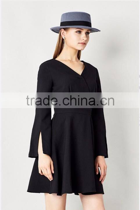 New arrival v neck split cuff design 100% polyester blank wholesale dresses girls' long sleeve one-piece dress