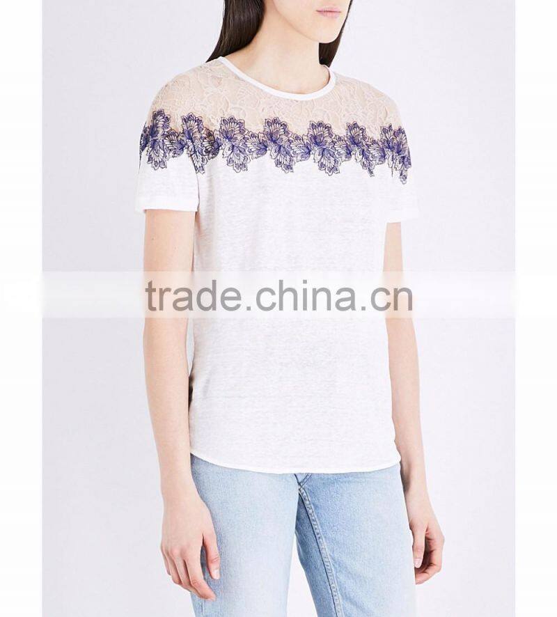 Customized Wholesale Lady's Apparel Simple Classic Floral Linen and Lace T-shirt(DQM005T)
