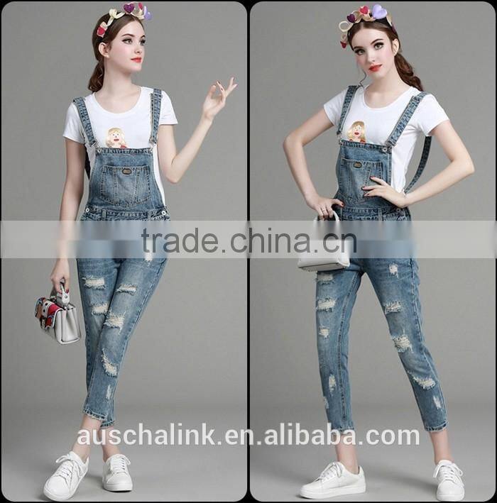 autumn new style high quality washed damaged bib pants customized