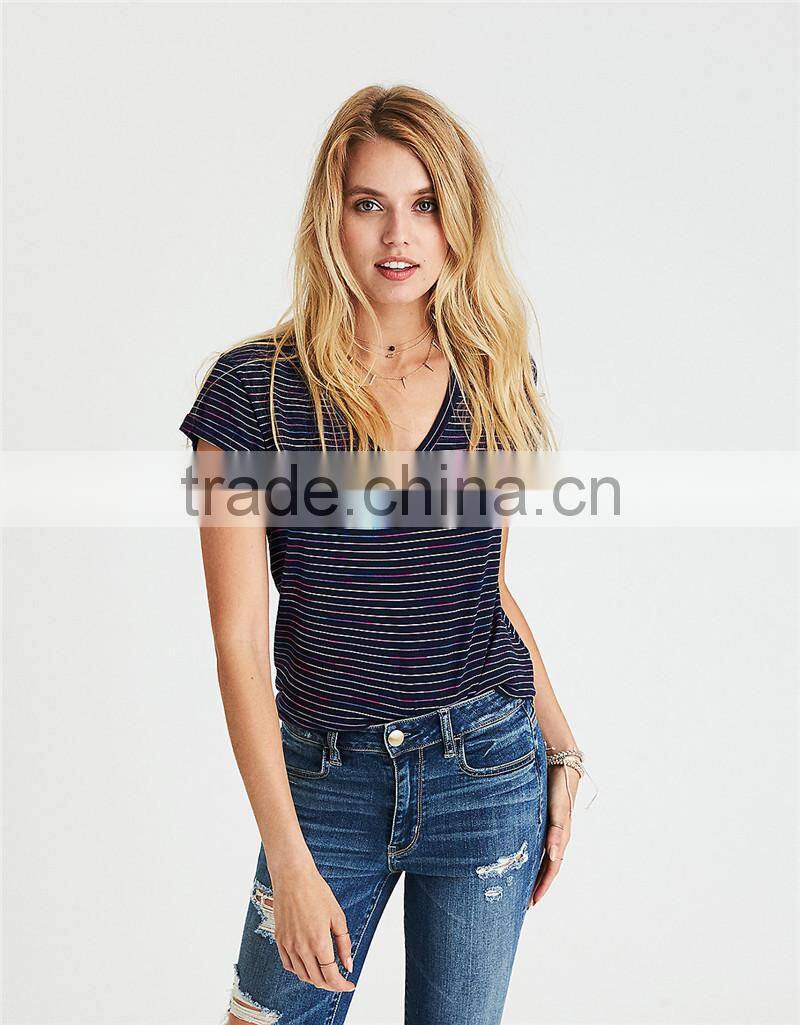 MGOO Factory Supplied Deep V Neck Curved Hems T Shirts Women Stripe Sublimation Printing T Shirt