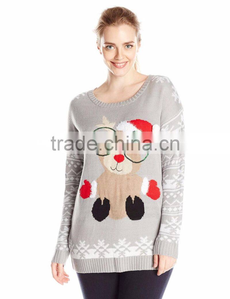Women Light Grey Sweater Sequin Glasses Baby Reindeer Pattern Christmas Sweater
