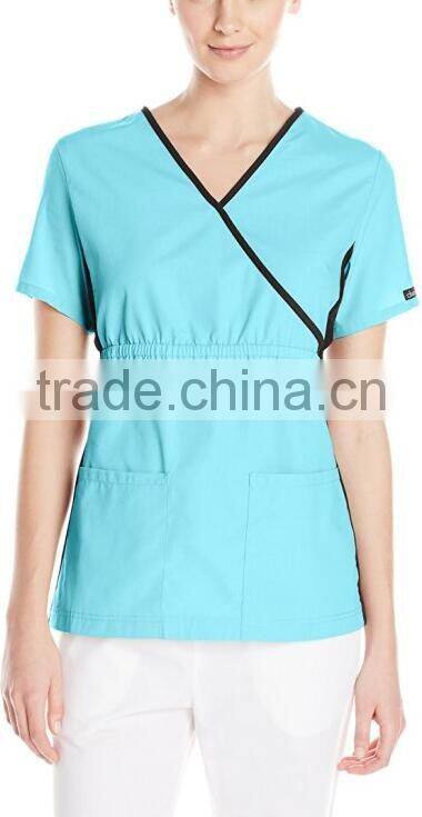 Top Selling Mock Wrap Women Medical Scrubs Wholesale Knit Panel Top