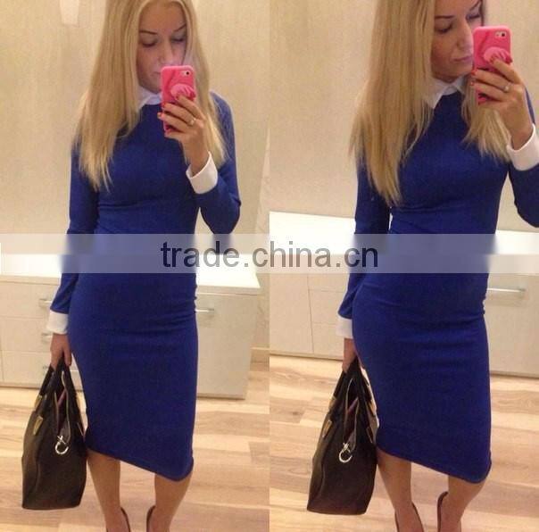 Fashion double-breasted lady Long Sleeve Formal Collar Pencil Dress For Office Design Formal Dress
