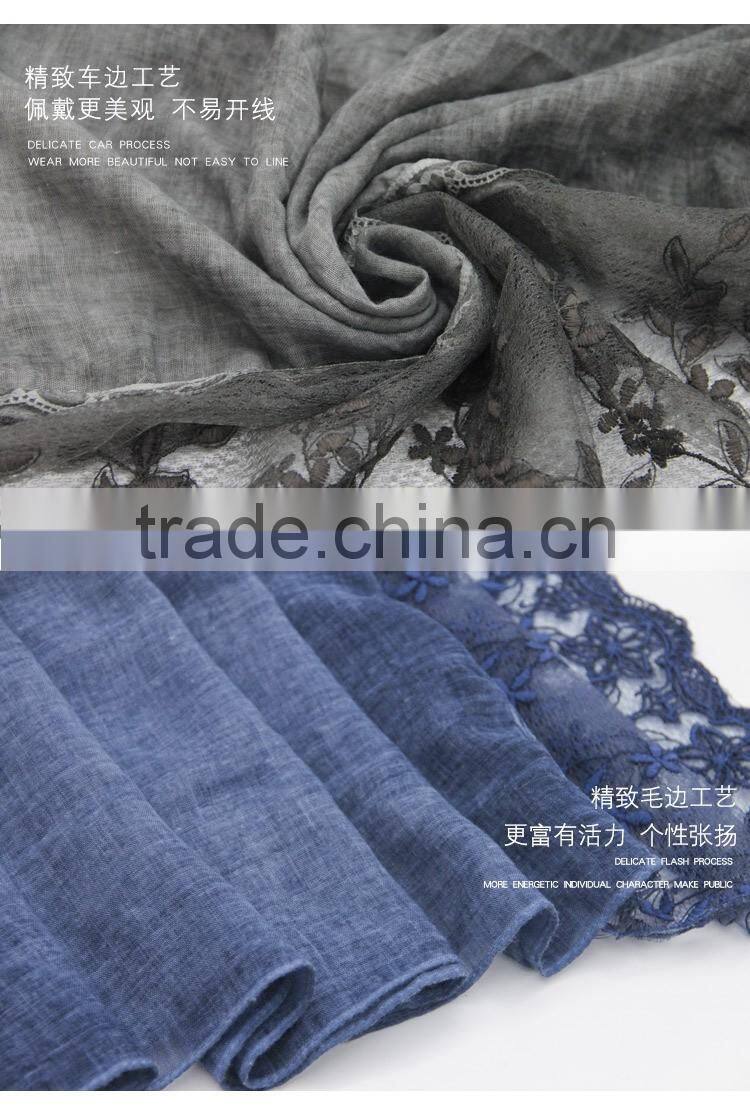 New fashion custom classic plain dyed linon viscose thin lace flower trim ribbon hijab scarf