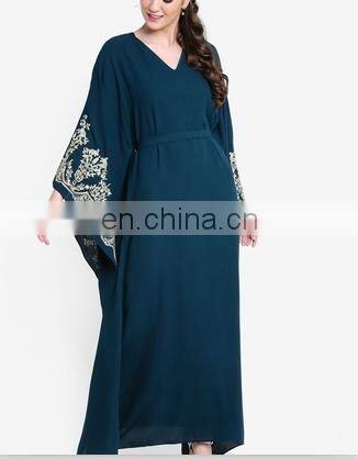 Women V-Neck Blue Abaya Muslim Dress With Embroidery