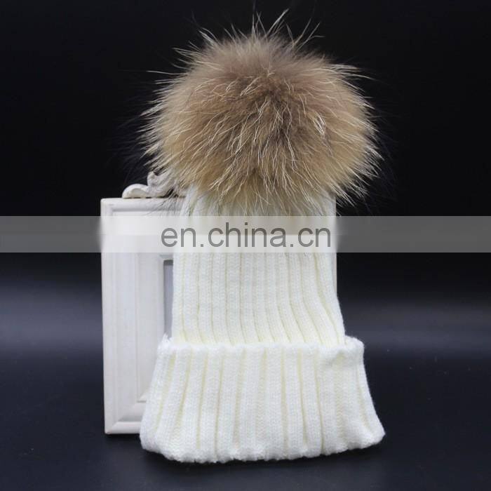 New Cute Winter Hat With Big Real Raccoon Fur Ball Crochet Baby Beanie Hat