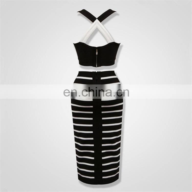 Amigo black and white 2pcs sets crop top and long strap pencil skirt bandage dress suit sexy evening dresses for women