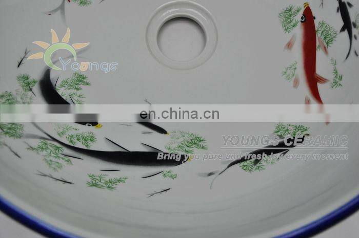 Art Chinese Hand Painted Fish Lotus Porcelain Bathroom Wash Basin For Hotel /Bar