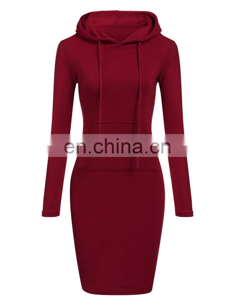 Wholesale custom fashion plain color pocket pullover casual drawstring pure color hoodie women long sleeve dress