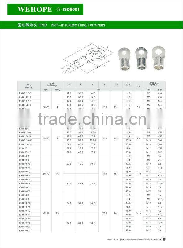 2/0AWG 70-95mm2 tinned copper Non-Insulated Ring Terminals