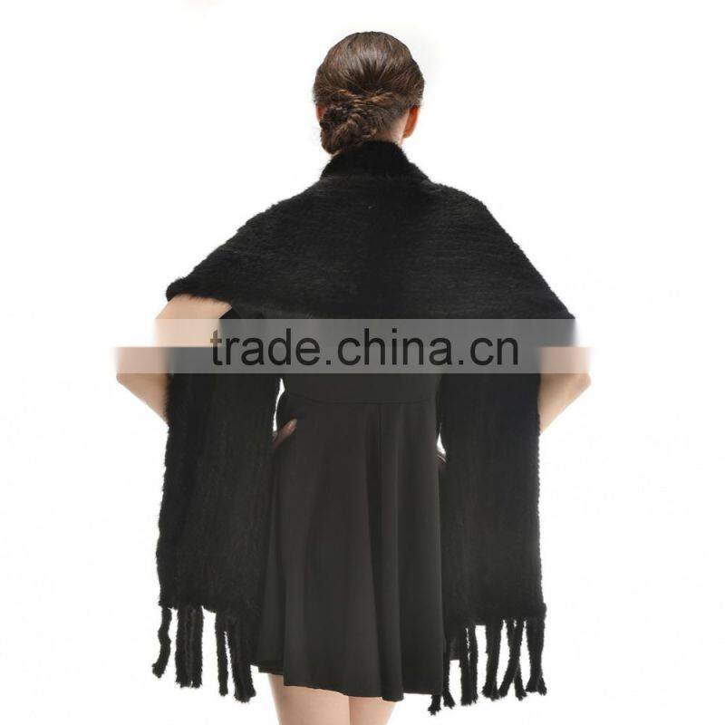 Hot Selling Style 2015 Fashionable Knitted Real Mink Fur Shawl with pockets